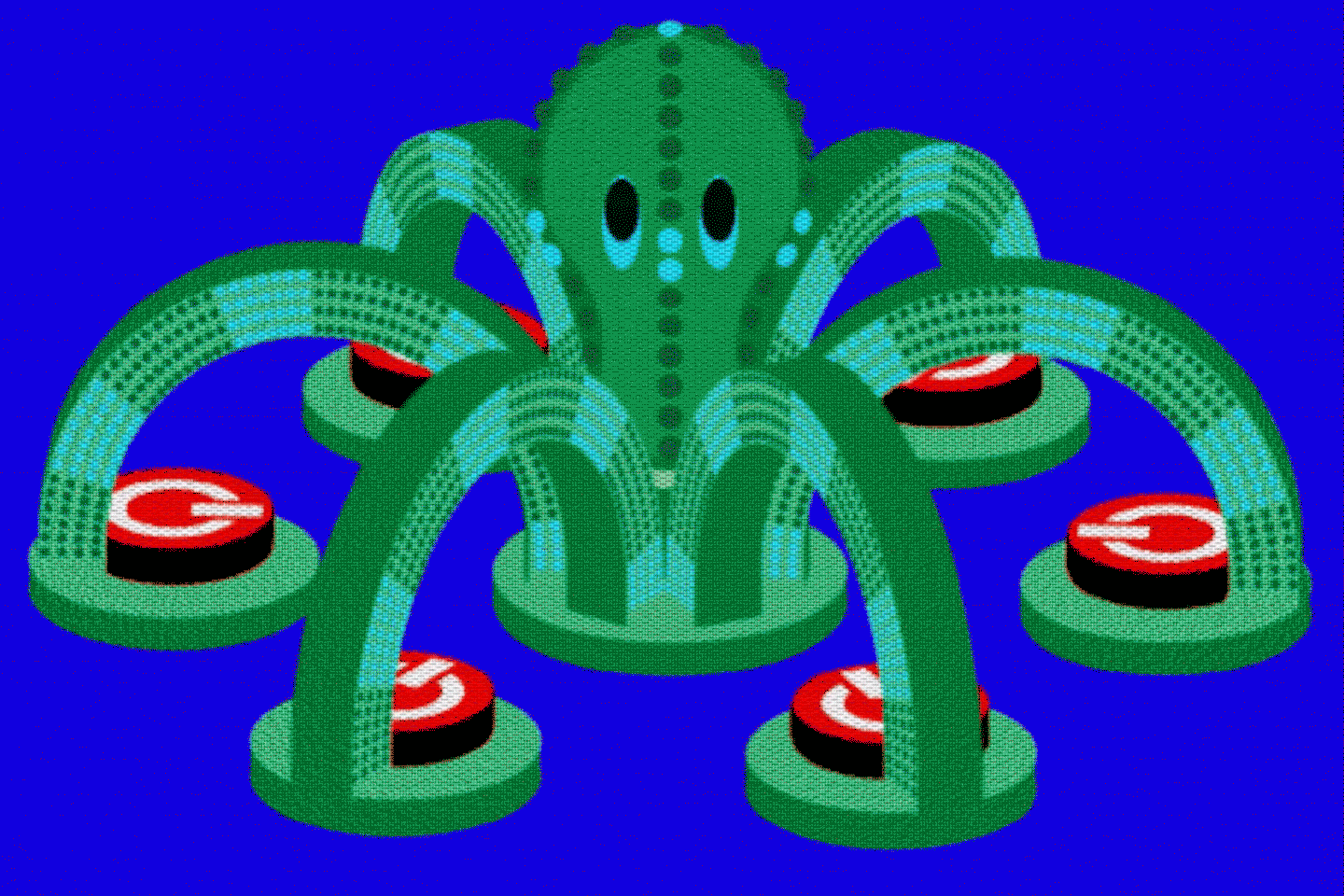 Иллюстрация: Айрин Суосало для Bloomberg. Осьминог с кнопками питания на концах щупалец